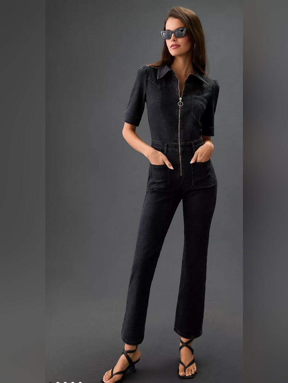 Anthropologie Black Denim Zip Front Utility Jumpsuit Short Sleeve Sz 10 Boiler